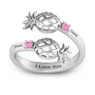 S925 Personalised Pineapple Ring With 2 Birthstones Engraved Names Ring Gift For Women-Jessemade AU