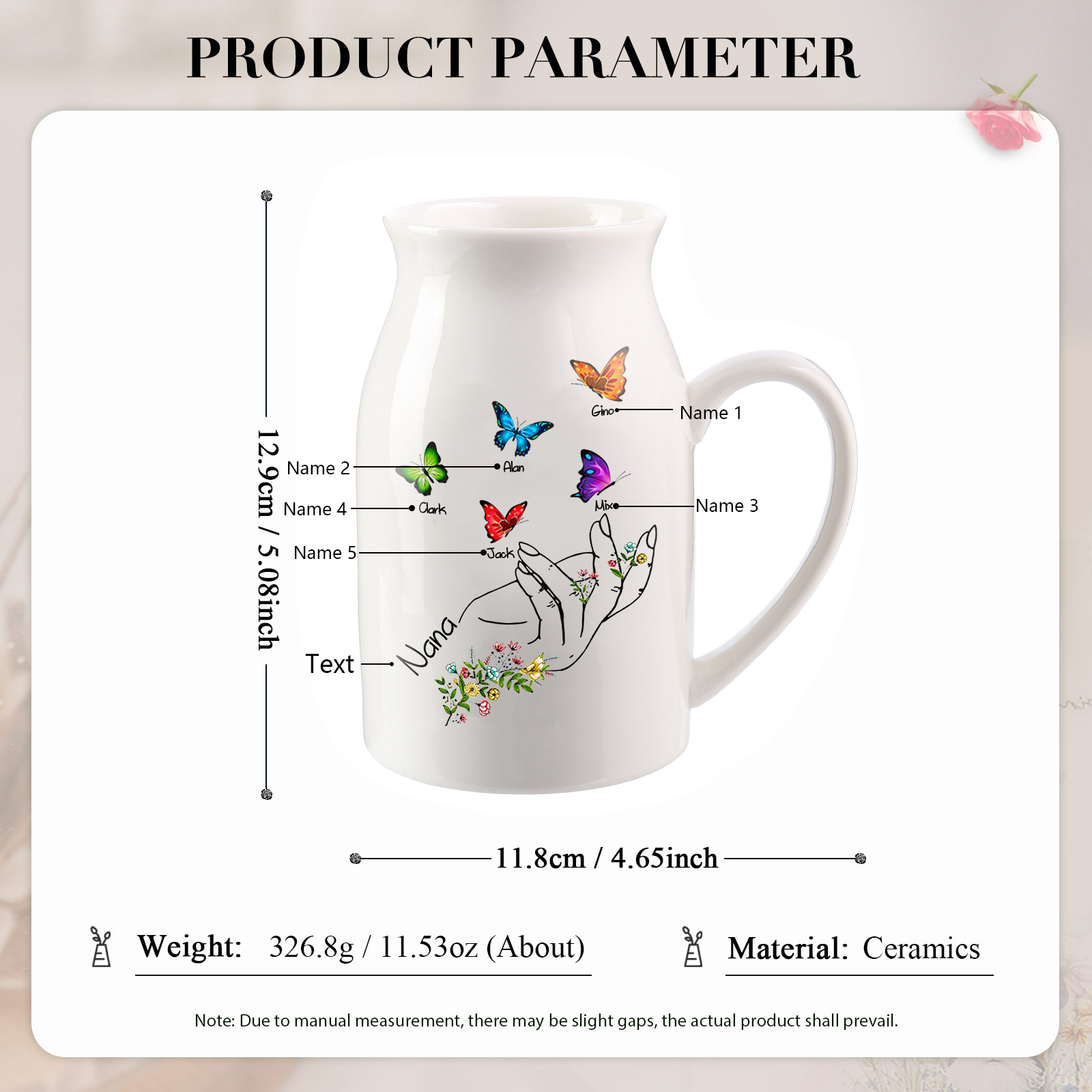 Personalised Ceramic Flower Vase Custom 2–8 Names & 1 Text Butterfly In Hand Vase Gift for Mother/Grandma-Jessemade AU
