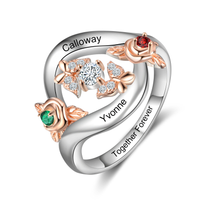 Personalised Rose Ring With 2 Birthstones Engraved Names Ring Gift For Women-Jessemade AU