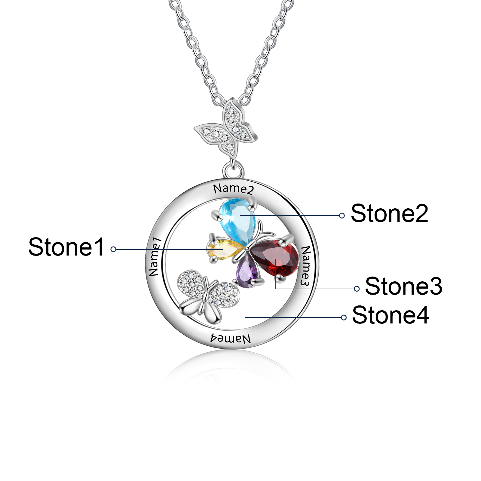 Personalised Butterfly Necklace With 4 Birthstones Custom Names Best Gift For Her-Jessemade AU