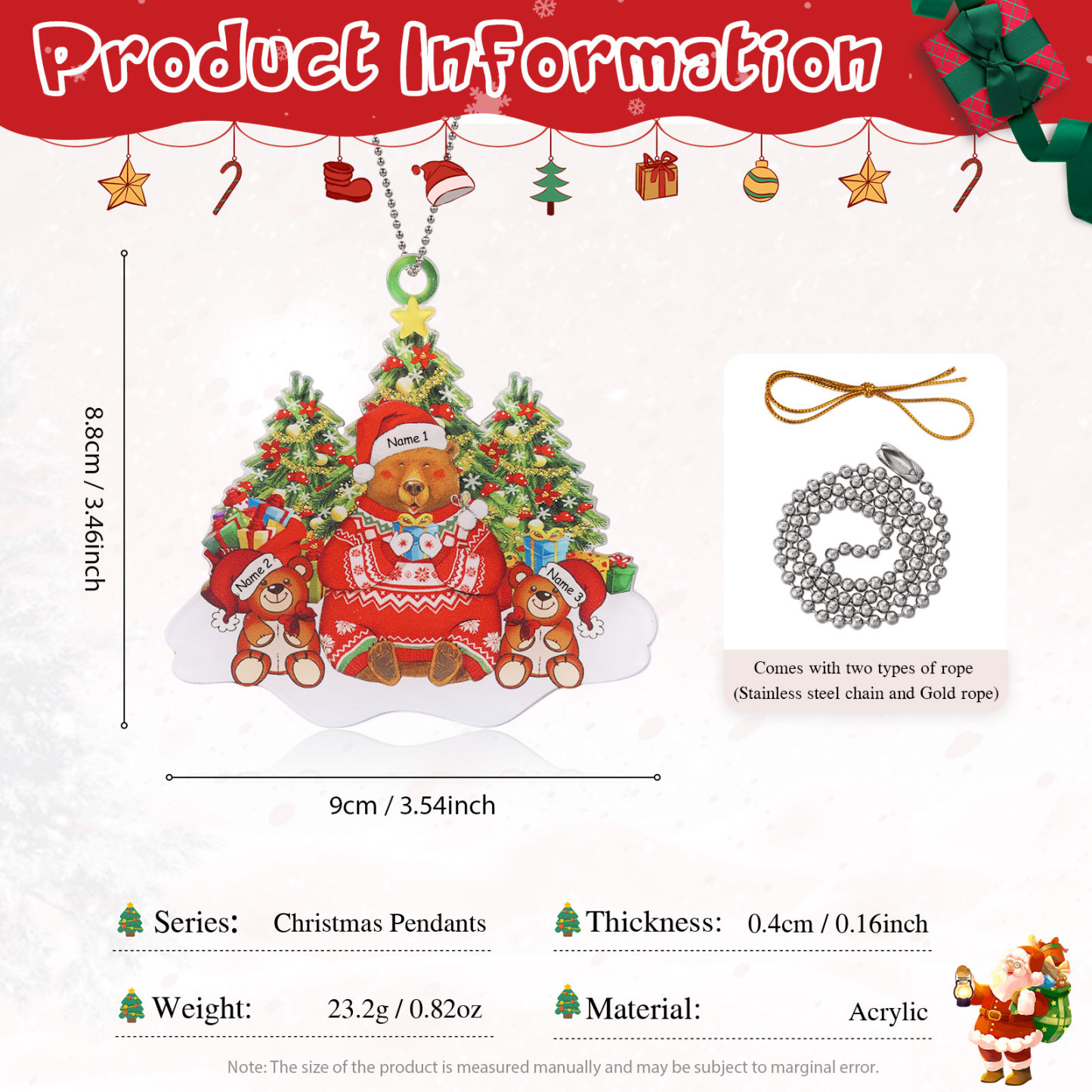 3 Names - Personalised Acrylic Christmas Bear Ornaments Customised Text & Name Xmas Pendant Gifts for Family-Jessemade AU