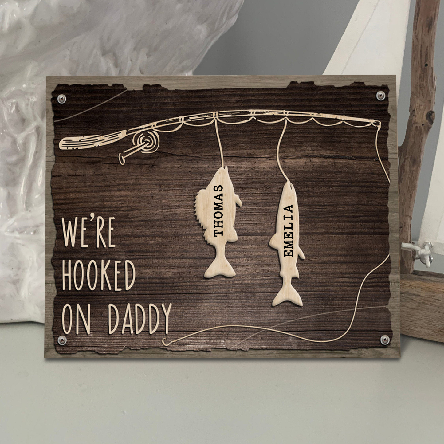 Father's Day Gifts Wood Signs Engrave 2 Names Frame Keepsake -We've Hooked On Daddy-Jessemade AU