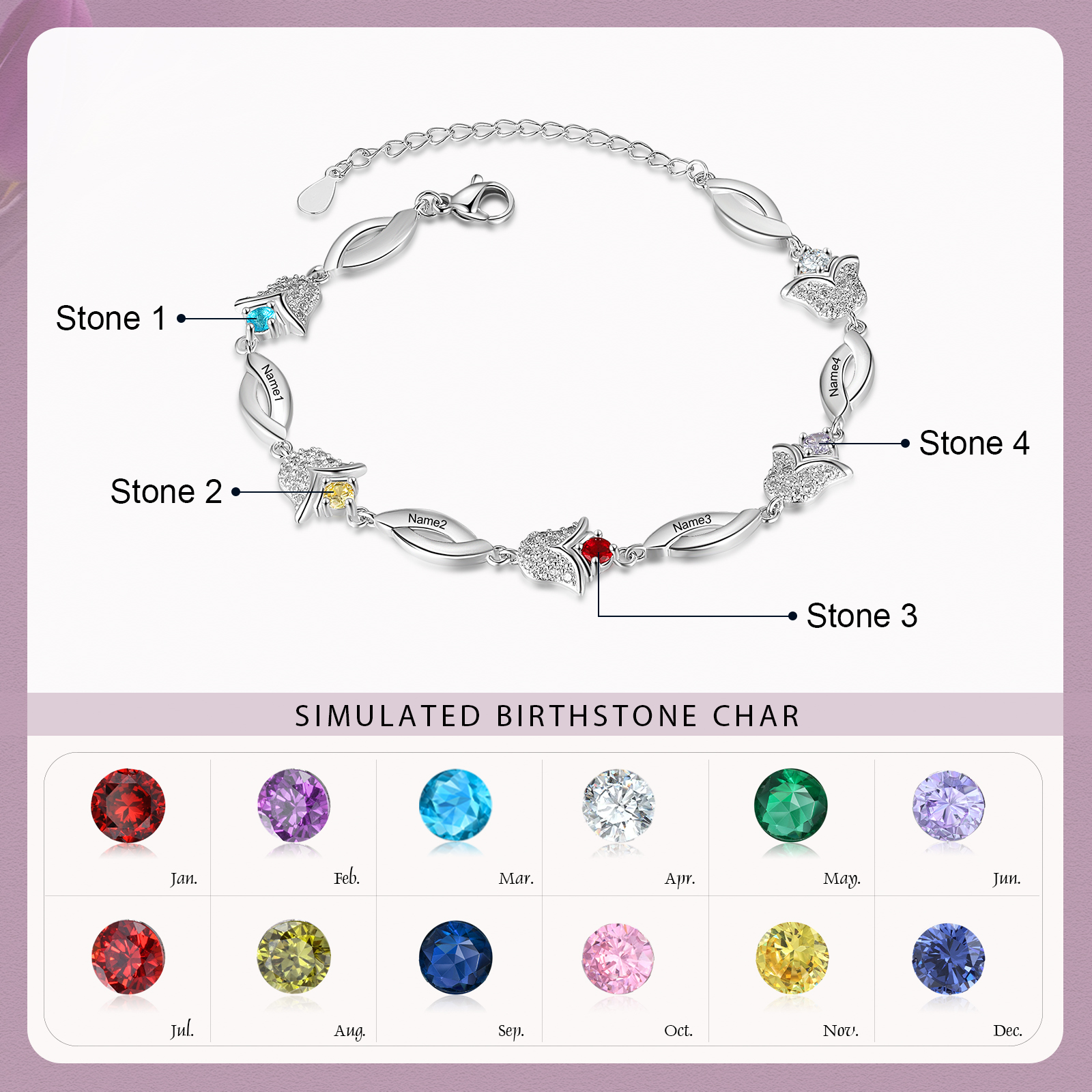 Flowers Series Personalised Tulip Bracelet With 4 Birthstone Engraved Names Flowers Charm Gifts For Her-Jessemade AU