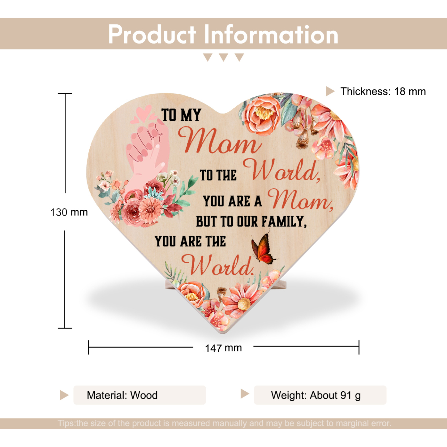 To My Mom Wooden Flowers Heart Keepsake Desktop Ornament Mothers Gifts-To our family, You are the world-Jessemade AU