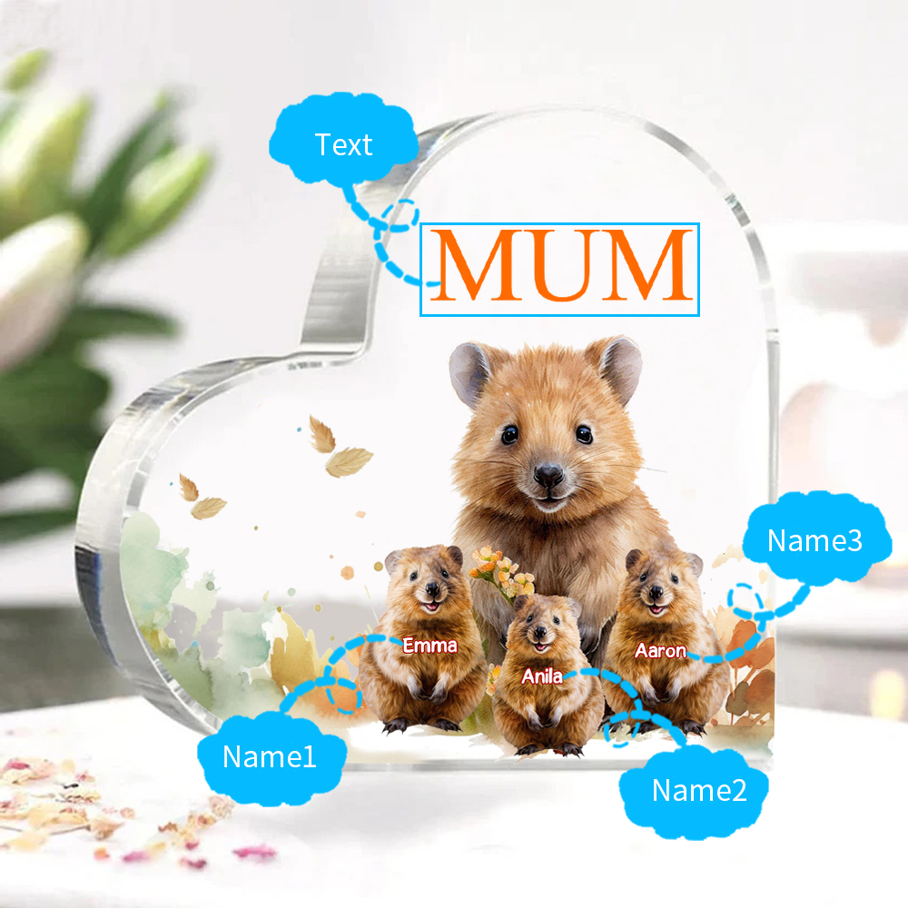 Personalised Acrylic Heart Keepsake Custom 1 Text & 3 Names Ornament Quokka Family Gift for Mother/Grandma-Jessemade AU