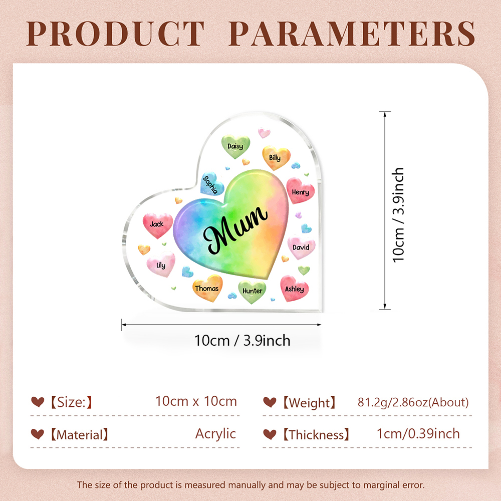 10 Names - Personalised Acrylic Heart Keepsake Custom Text Colourful Hearts Ornament Gift for Mother/Grandma-Jessemade AU