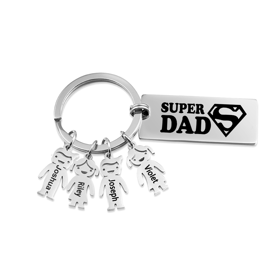 Father's Day Gift Personalised Super Dad Keychain Engraved 4 Kid Charms-Jessemade AU