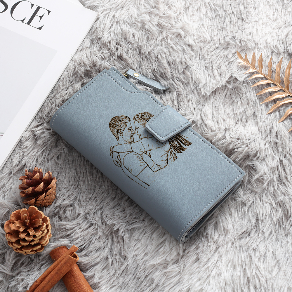 Blue Personalised Leather Wallet Engraved Photo Long Purse Gifts For Women-Jessemade AU