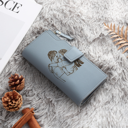Blue Personalised Leather Wallet Engraved Photo Long Purse Gifts For Women-Jessemade AU
