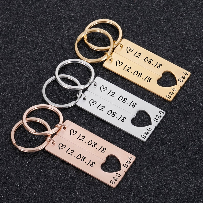 To My Man/My Love Heart Keychain Set Personalised Date Initial Keyring Matching Couple Gifts-Jessemade AU