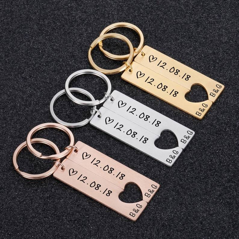 To My Man/My Love Heart Keychain Set Personalised Date Initial Keyring Matching Couple Gifts-Jessemade AU
