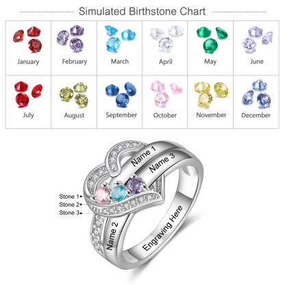S925 Silver Personalised Mother Ring with 3 Birthstones Heart Family Ring-Jessemade AU