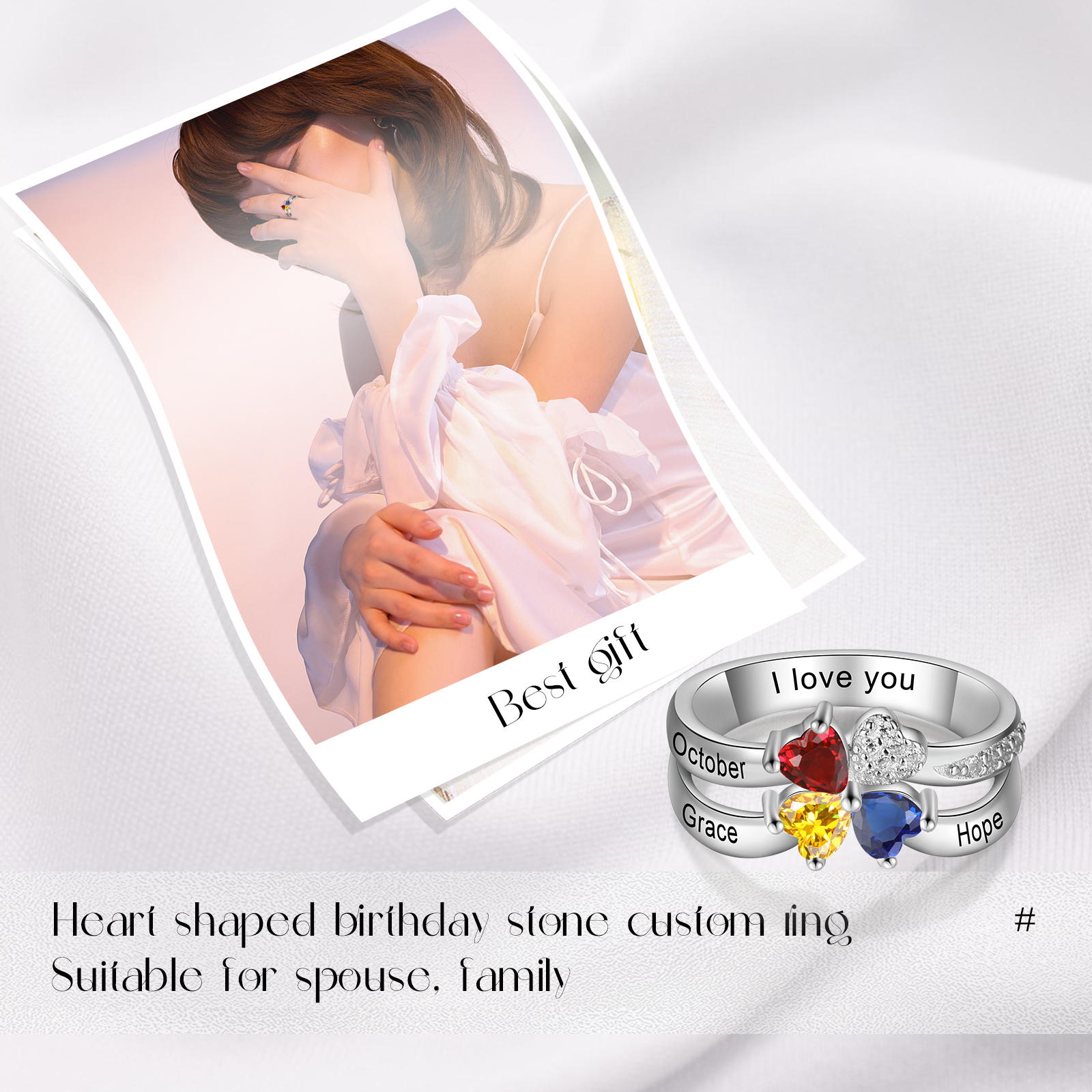 Personalised Ring With 3 Birthstones Engraved Names Ring Best Gift For Women-Jessemade AU