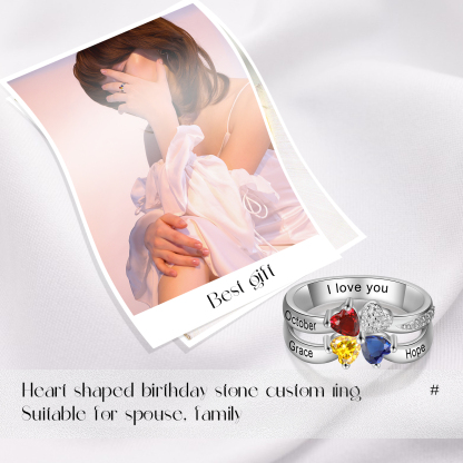 Personalised Ring With 3 Birthstones Engraved Names Ring Best Gift For Women-Jessemade AU