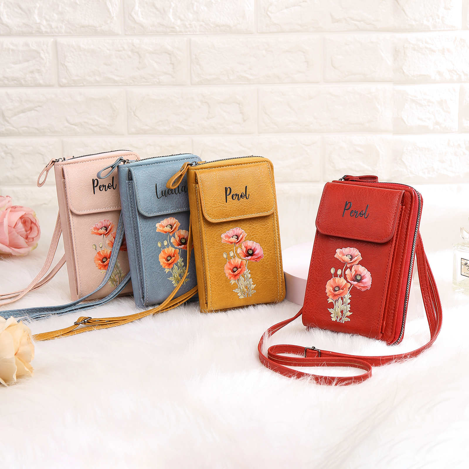 Personalised Women's Leather Wallet Custom Birthday Flower & Name Mobile Phone Wallet Zipper Crossbody Bag