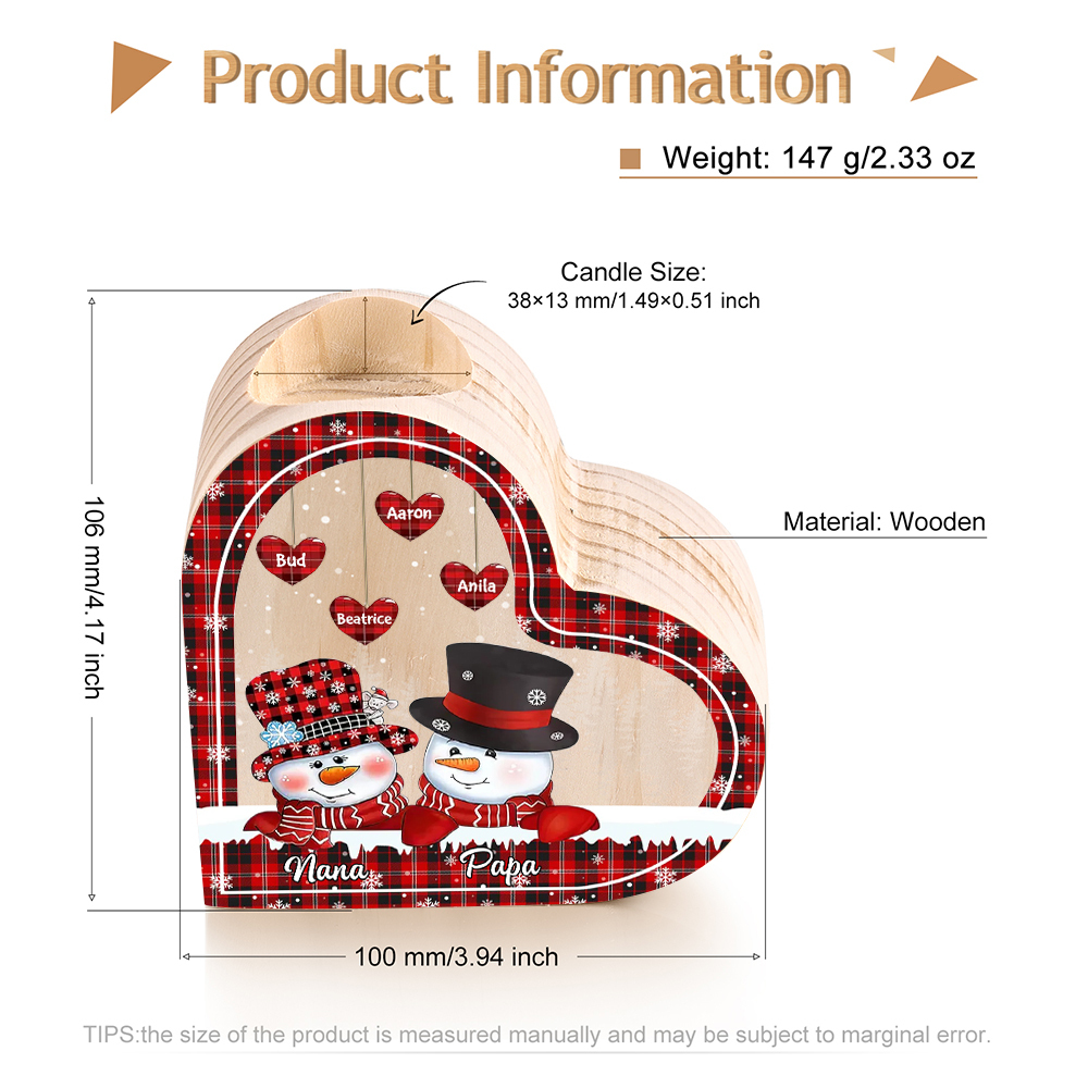 Heart-Shaped Christmas Candle Holder Engraved 6 Names Snowman Candlesticks Personalised Gift for Family-Jessemade AU