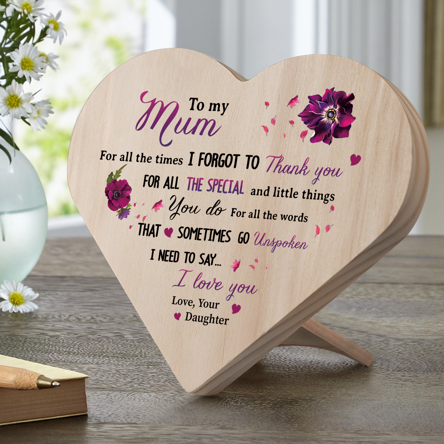 To My Mum Violet Wooden Heart Keepsake Desktop Ornament "For all the times I forgot to thank you" Mothers Gifts-Jessemade AU