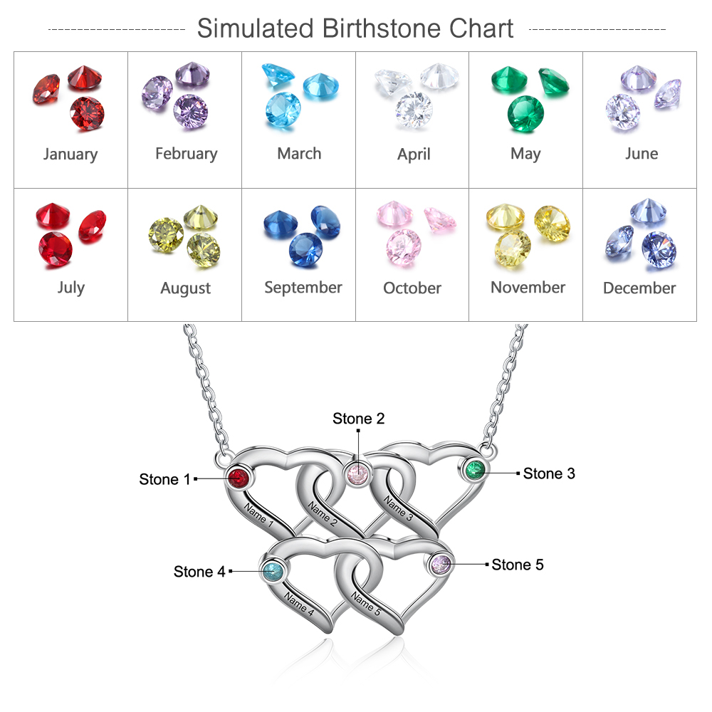 Personalised Heart Necklace With 5 Birthstones Engraved Names Necklace Gift For Women-Jessemade AU