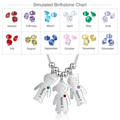Personalised Kids Charm Necklace With 3 Birthstones Engraved Names Gift For Mother-Jessemade AU