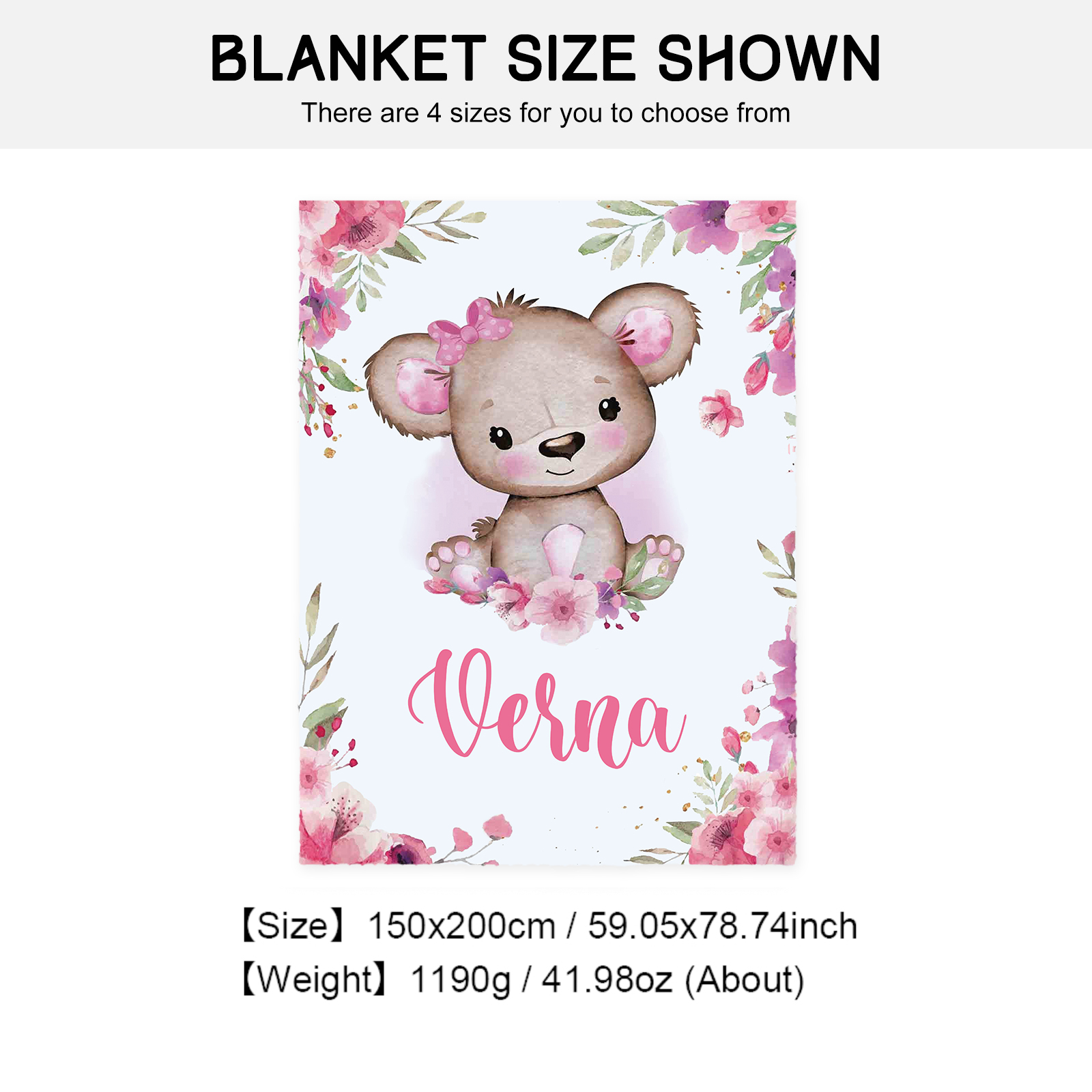 Personalised Pink Bear Blanket Custom Name Cute Cartoon Blanket-Jessemade AU