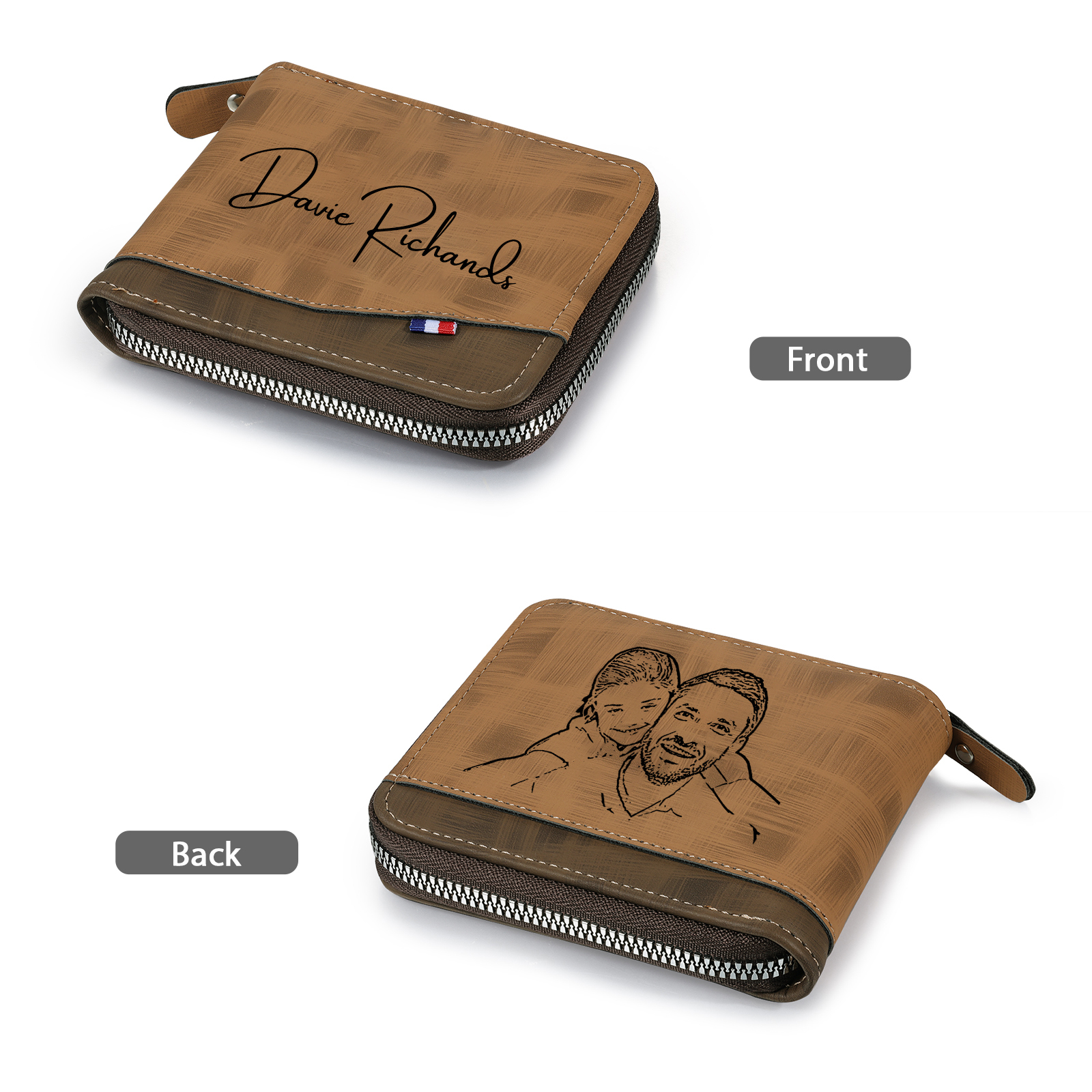 Personalised Photo & Text Billfold Wallet Custom Men's Leather Wallet Zipper Gifts for Him-Jessemade AU