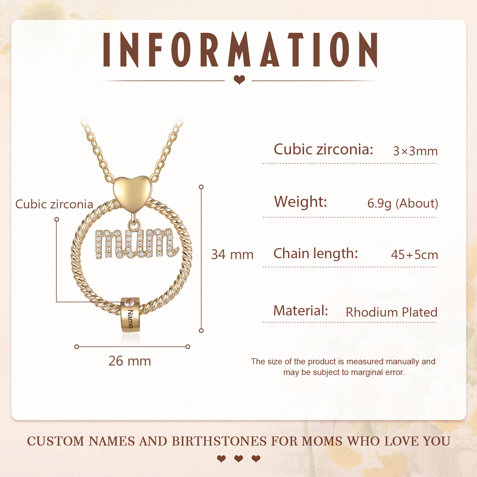 1 Name - Personalised Mum Circle Pendant Necklace Custom Name & Birthstone Necklace Gifts For Mum