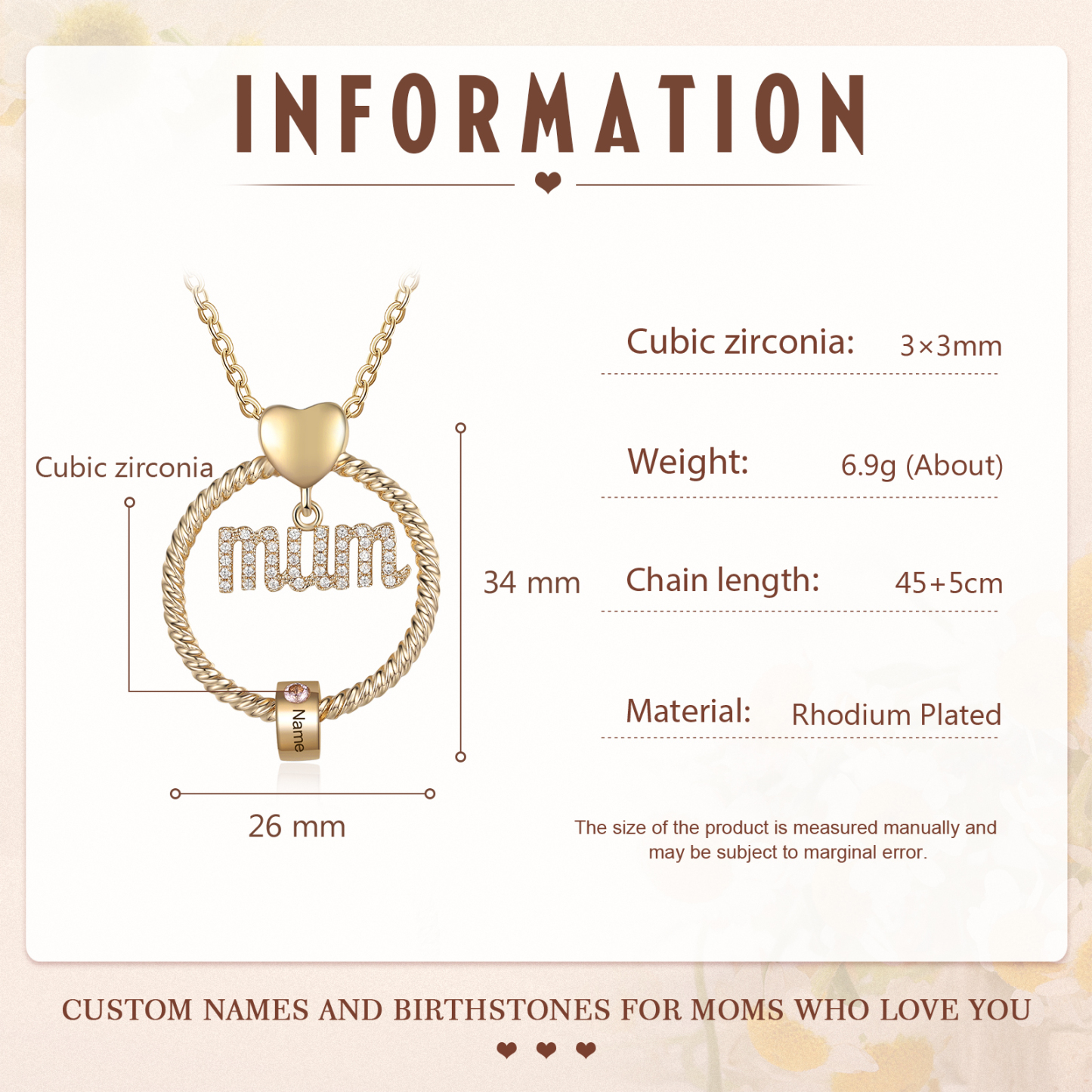 1 Name - Personalised Mum Circle Pendant Necklace Custom Name & Birthstone Necklace Gifts For Mum