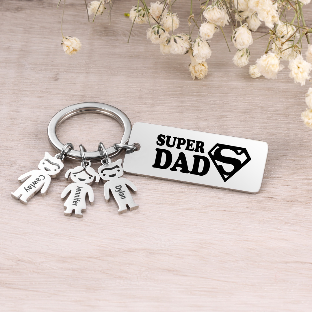 Father's Day Gift Personalised Super Dad Keychain Engraved 6 Kid Charms-Jessemade AU