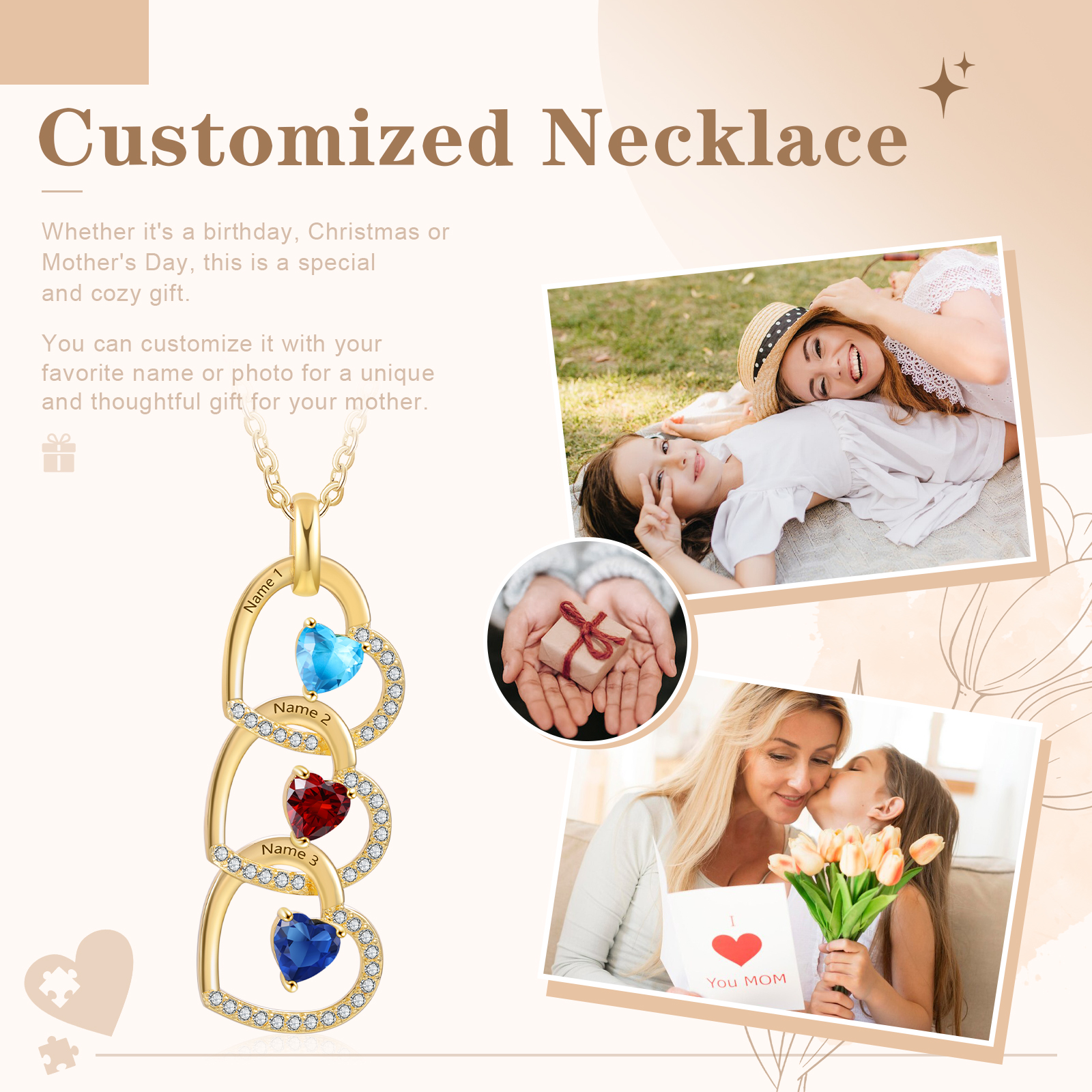 Personalised Heart Pendant Necklace Custom 3 Birthstones & 3 Names Necklace Gifts for Her-Jessemade AU