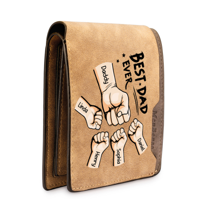 Best Dad Ever - Custom 5 Names & 1 Text Billfold Wallet Personalised Fist Bump Men's Leather Wallet
