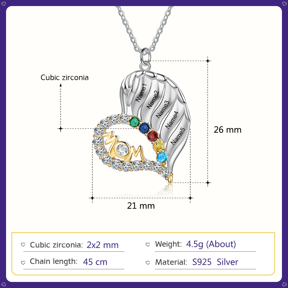 Personalised Heart Necklace With 5 Birthstones Engraved Names Gift For Mother-Jessemade AU