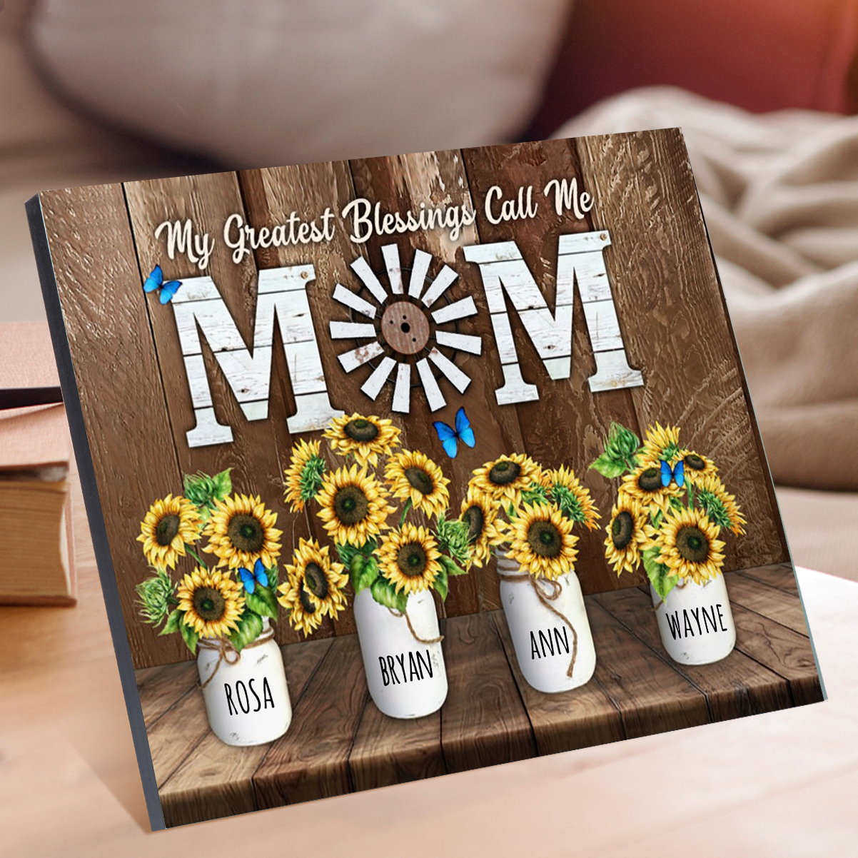 Mom Sunflowers Picture Board Personalised 4 Kids Names Family Keepsake Wood Signs Photo Frame-Jessemade AU