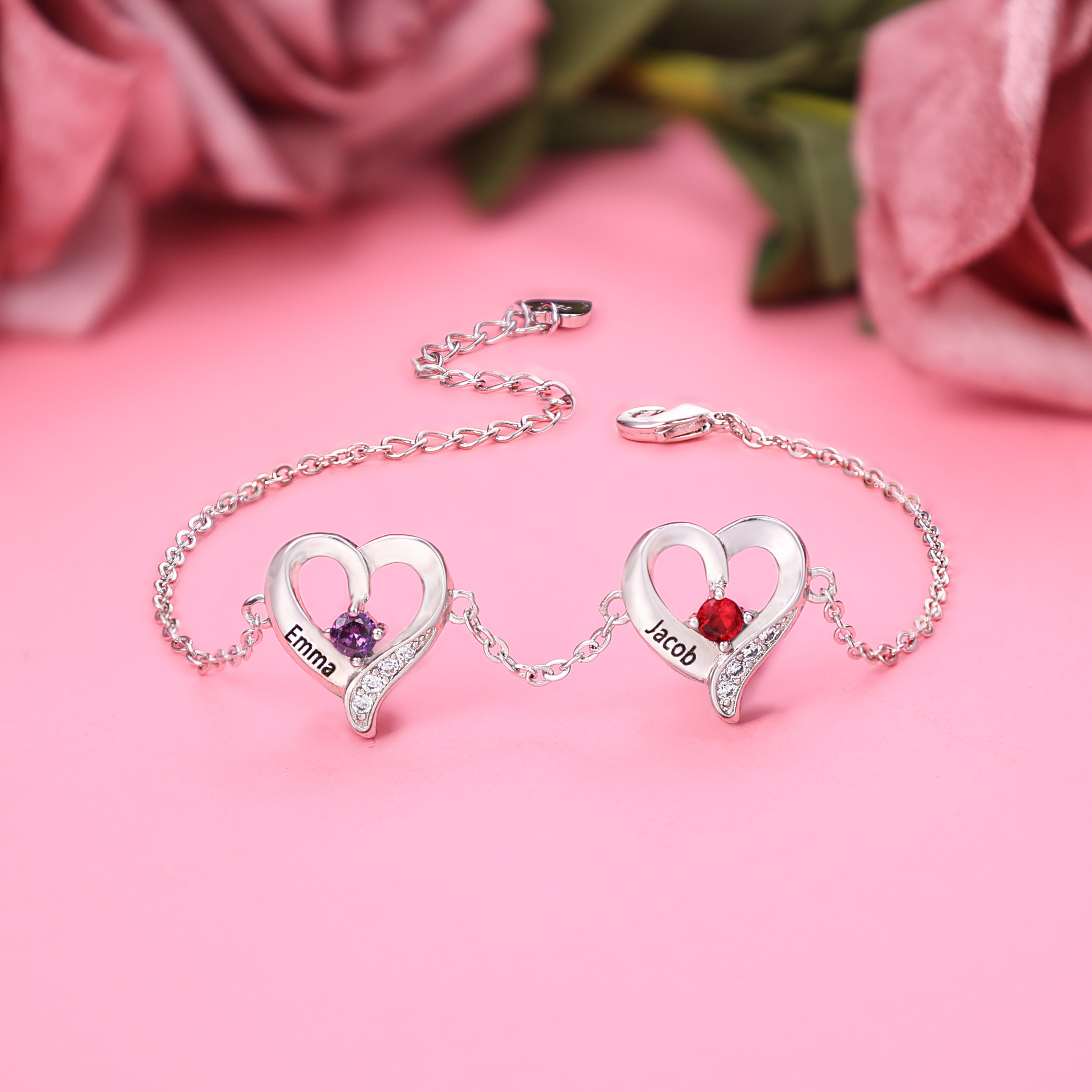 2 Names - Personalised Heart Bracelet Gift Set With Gift Box Custom Name & Birthstone Bracelet Gift For Her-Jessemade AU