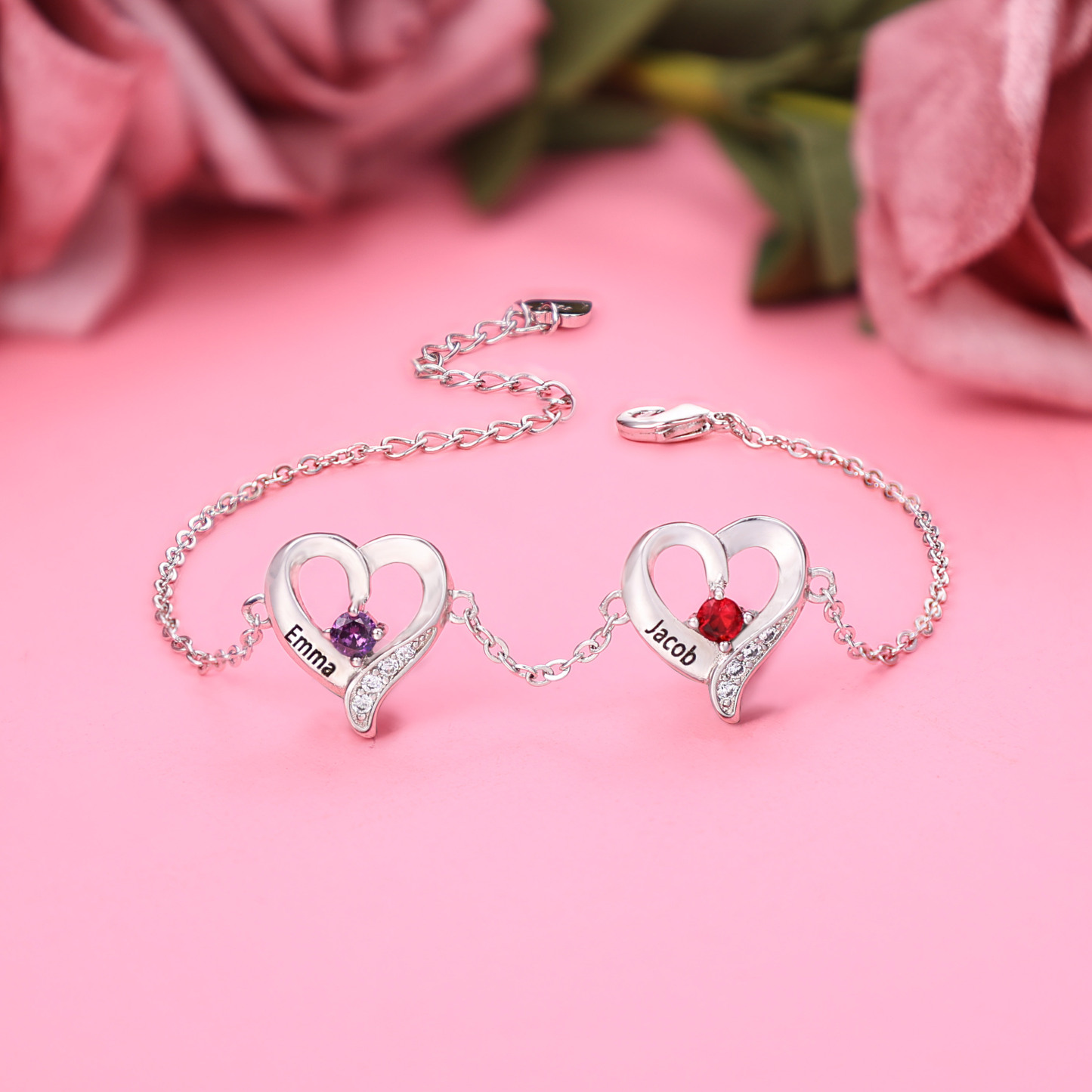 2 Names - Personalised Heart Bracelet Gift Set With Gift Box Custom Name & Birthstone Bracelet Gift For Her-Jessemade AU