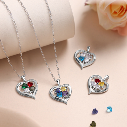 Personalised Heart Necklace with 1 Birthstone Engrave Names Family Necklace for Mom-Jessemade AU