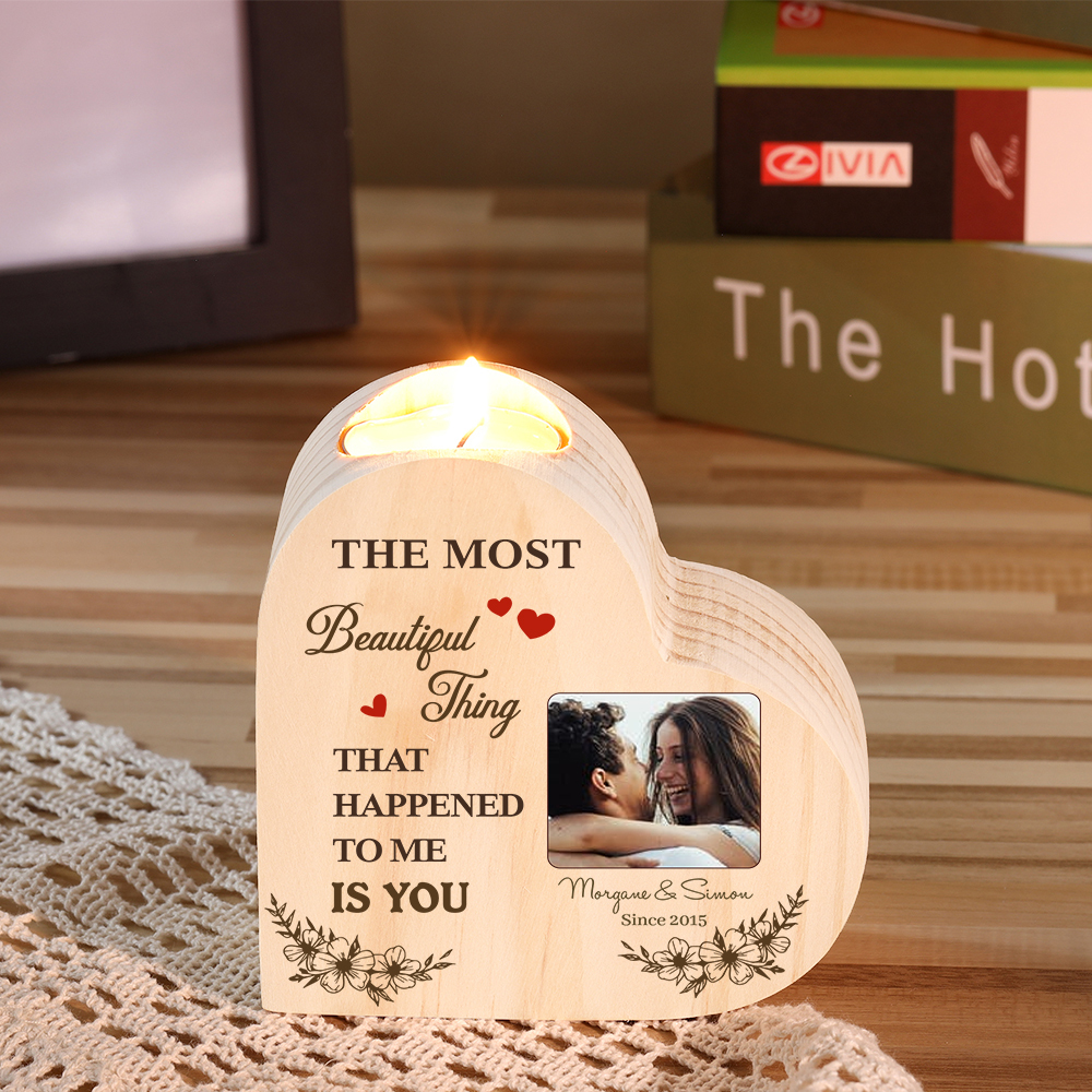 Couple Photo Candle Holder Custom 2 Names & Date Wooden Candlesticks - The Most Beautiful Thing That Happened To Me Is You-Jessemade AU