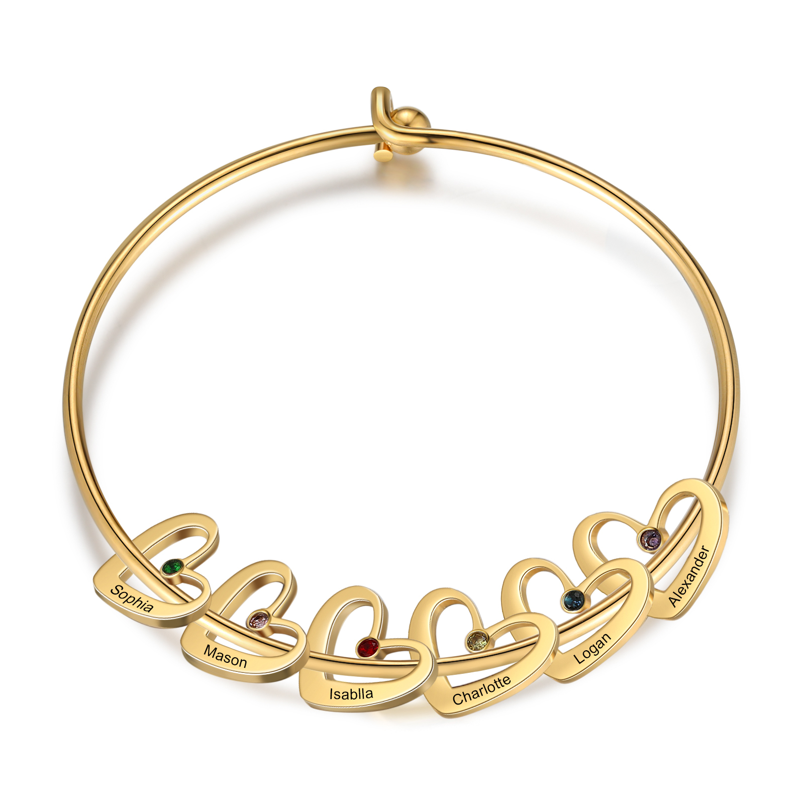 Personalised Heart Bangle With 6 Names and Birthstones Bangle Bracelet Mother's Day Gifts For women-Jessemade AU