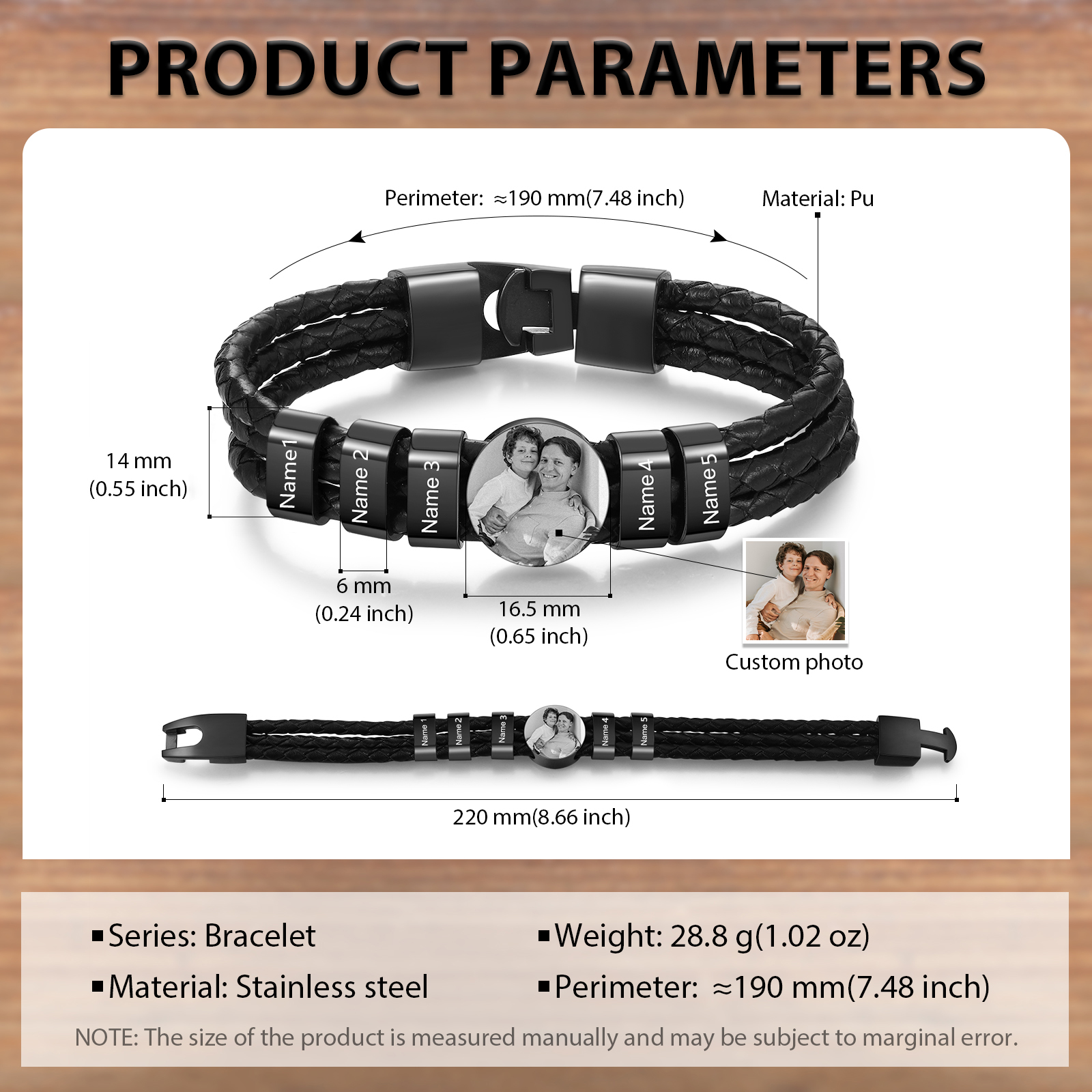 Personalised Men's Leather Bracelet Custom 5 Names & 1 Photo Braided Bracelet Father's Day Gifts for Him-Jessemade AU