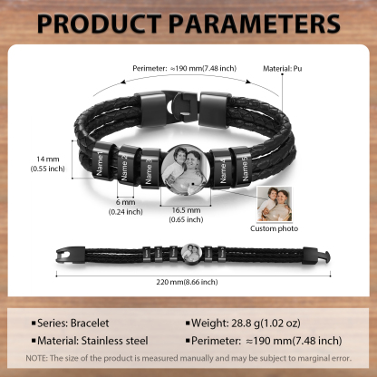 Personalised Men's Leather Bracelet Custom 5 Names & 1 Photo Braided Bracelet Father's Day Gifts for Him-Jessemade AU