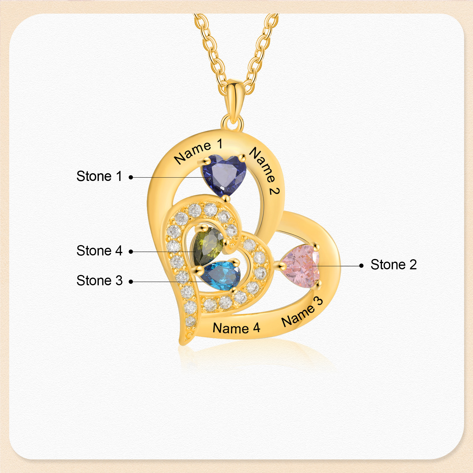 4 Names - Personalised Heart Pendant Necklace Customised Names & Birthstones Necklace Birthday Gift for Her-Jessemade AU