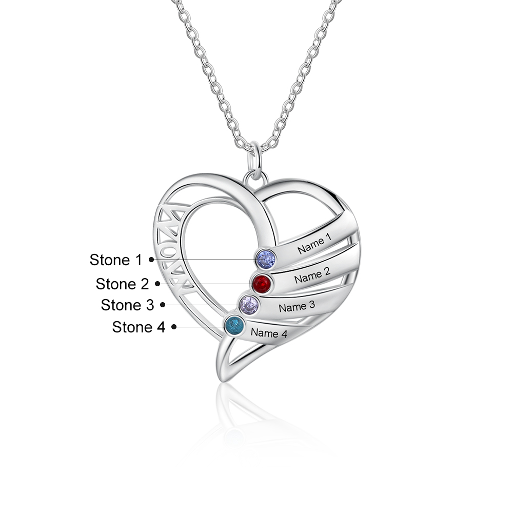 Personalised Heart Necklace With 4 Birthstones Engraved Names Gift For Mother-Jessemade AU