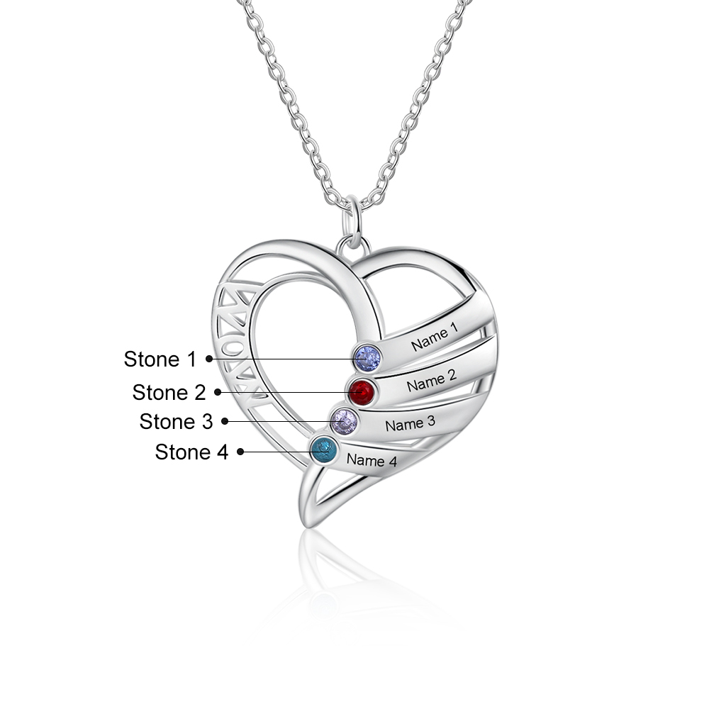 Personalised Heart Necklace With 4 Birthstones Engraved Names Gift For Mother-Jessemade AU