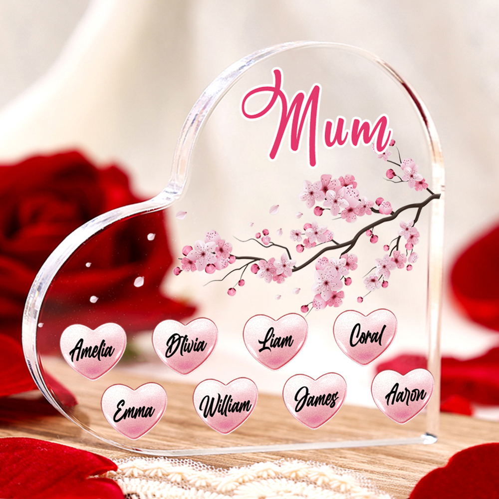 8 Names - Personalised Acrylic Heart Keepsake Custom Text Peach Blossom Ornaments Gifts for Grandma/Mother-Jessemade AU