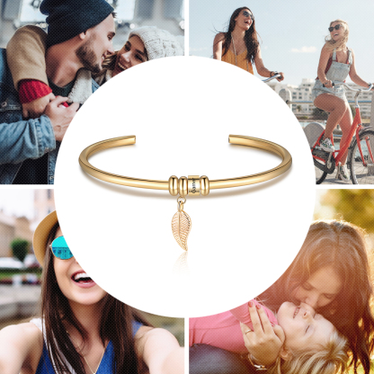 Women Bangle Bracelet with Leaf and Beads Engraved 1 Name Rose Gifts for Mother