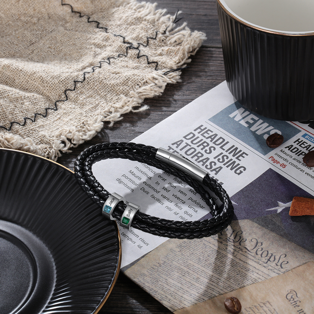 Personalised 3 Layer Leather Bracelet with 2 Beads Engraved Names Men's Bracelets for Him-Jessemade AU