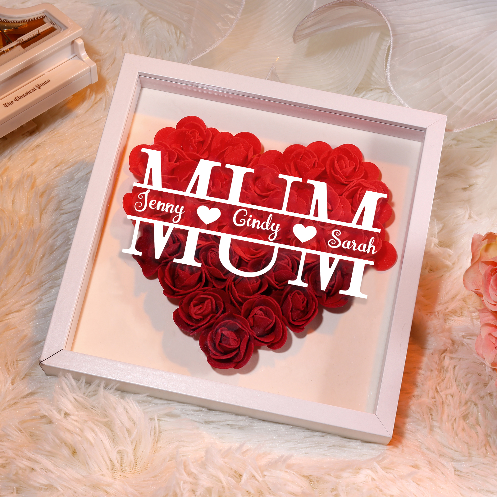 Personalised Flower Shadow Box Custom Name & Text Heart Rose Frame Decorations Mother's Day Gift for Her-Jessemade AU
