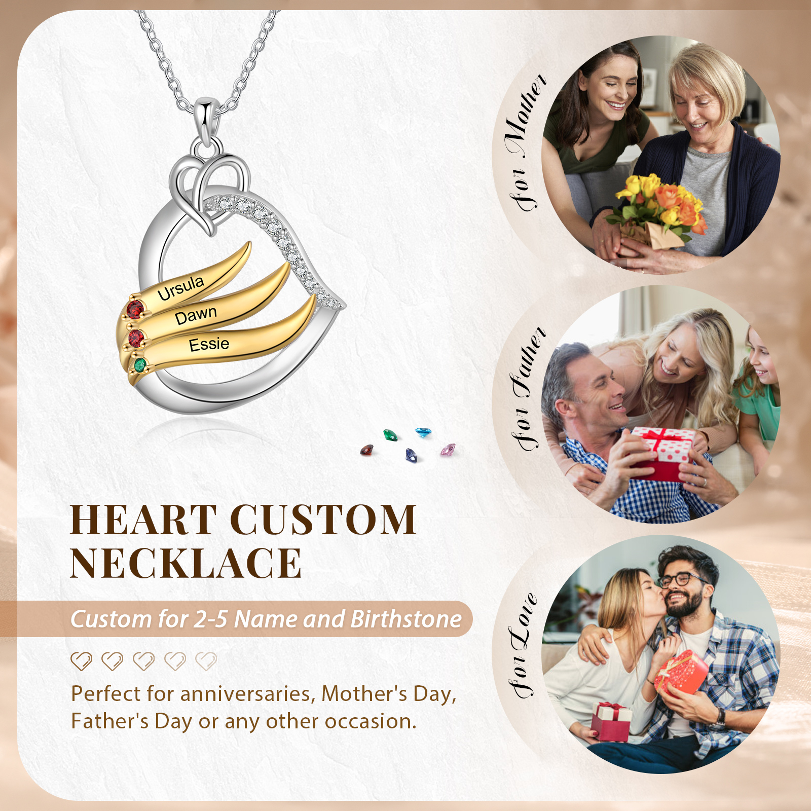 Personalised Golden Intertwined Heart Pendant Necklace Custom 3 Birthstones & 3 Names Necklace Gifts for Her-Jessemade AU