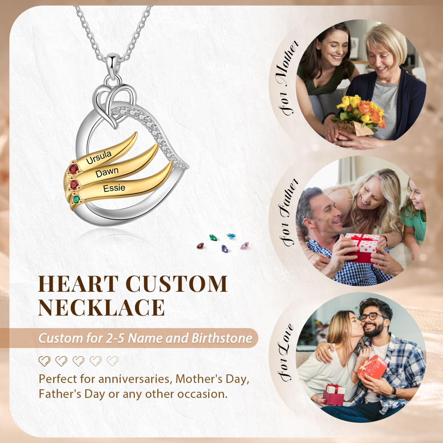Personalised Golden Intertwined Heart Pendant Necklace Custom 3 Birthstones & 3 Names Necklace Gifts for Her-Jessemade AU