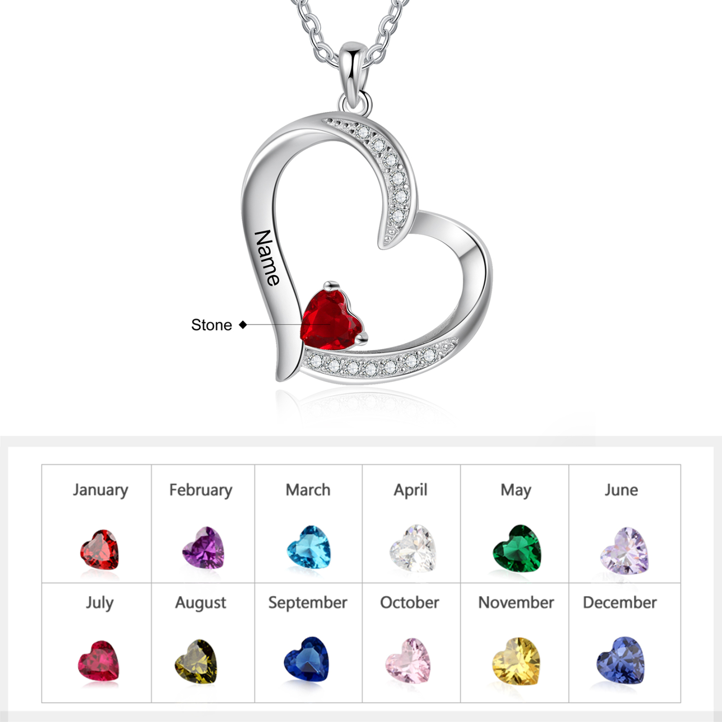 Personalised Heart Necklace With 1 Birthstone Engraved Names Gift For Her-Jessemade AU
