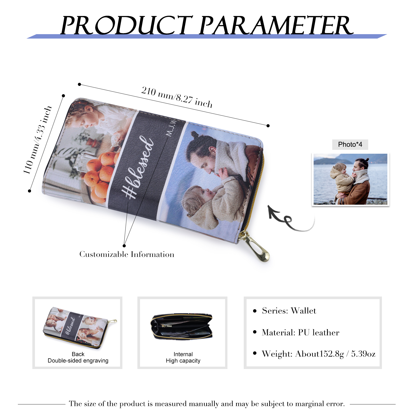 Long Purse Personalised Leather Wallet Engraved 4 Photos Zip Wallet 2023 Gifts For Women Men-Jessemade AU